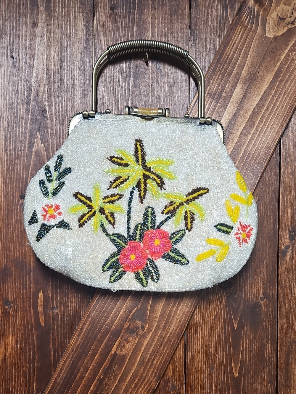 Tropical Bintage Beaded Floral Evening Handbag in Ivory and Yellow